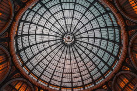 A stunning interior view of an ornate glass dome featuring intricate designs and patterns. The dome is composed of multiple glass panels arranged in a circular pattern, allowing natural light to illuminate the space. The architectural details highlight the beauty and craftsmanship of the structure.の写真素材