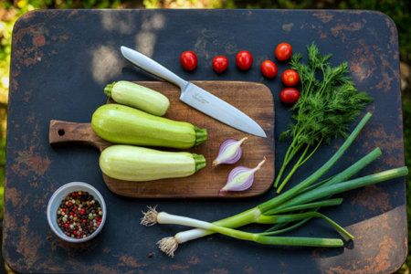 A wooden cutting board displays an assortment of fresh vegetables, including zucchini, cherry...