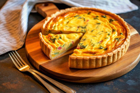 A freshly baked quiche with a slice taken out, placed on a wooden board with a fork and napkin...