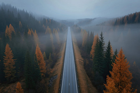 A winding road cuts through a dense forest of autumn-colored trees, with fog gently enveloping the...