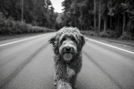 A close-up image of a dog standing in the middle of a road surrounded by trees. The dog appears to be looking directly at the camera.の写真素材
