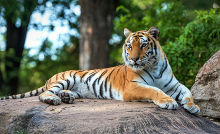A majestic tiger is seen lying on a rock in a serene natural setting, surrounded by lush greenery...