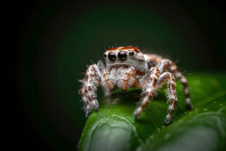 A detailed close-up photograph of a jumping spider perched on a green leaf. The spider's intricate...