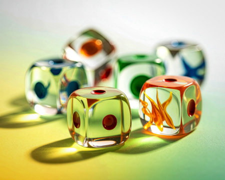 A collection of six colorful glass dice scattered on a light-colored surface, each featuring unique...
