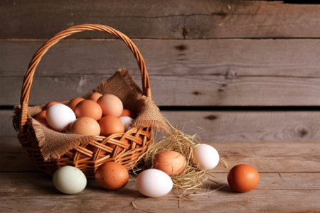 A rustic basket filled with a variety of fresh eggs, some resting on straw and others spilling out...