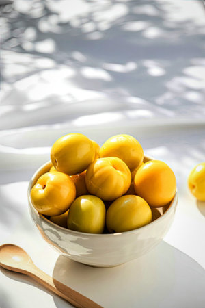 A bowl filled with bright yellow lemons sits on a white tablecloth under soft, natural sunlight...