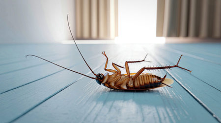 A close-up image of a single cockroach on a wooden surface with light streaming through blinds in...