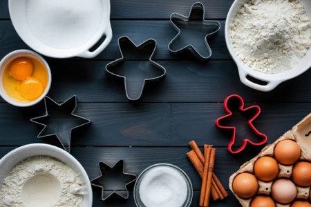 An assortment of baking ingredients and tools laid out on a dark wooden surface, including flour,...