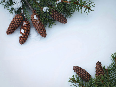 A close-up image of pine cones and evergreen branches covered in fresh snow, set against a white...