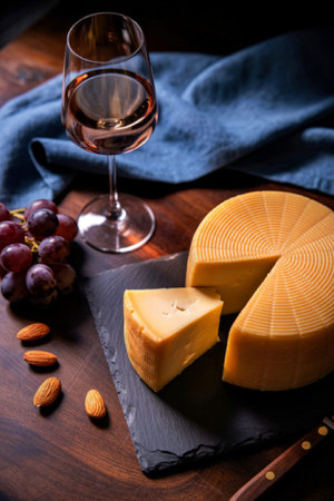 A carefully arranged display of gourmet cheese, wine, grapes, and almonds on a rustic wooden table...