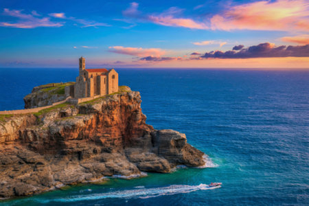 A picturesque cliffside castle stands majestically at the edge of the ocean, bathed in the warm hues of a setting sun. The sky is painted with vibrant colors, creating a serene and enchanting atmosphere.の写真素材