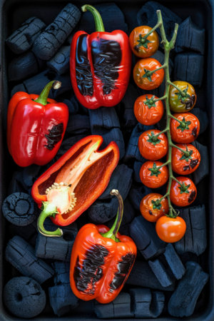 A vibrant image showcasing red and orange bell peppers and cherry tomatoes arranged on a dark...