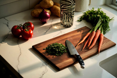 A kitchen countertop with various fresh vegetables, including tomatoes, carrots, onions, and herbs, along with a cutting board and knife.の写真素材