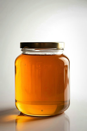 A transparent glass jar with a metal lid is filled with golden honey. The jar is placed on a reflective surface against a plain background, highlighting the rich color and texture of the honey.の写真素材