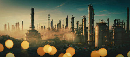 A sprawling industrial complex at sunset, featuring numerous towers, pipes, and storage tanks...