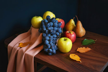 A beautifully arranged still life featuring a variety of fresh fruits on a wooden table. The image...