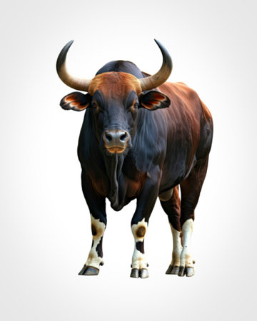 An image of a bull with large, curved horns standing prominently against a white background. The...
