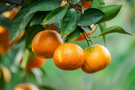 A close-up image of ripe oranges hanging on a tree branch with green leaves. The vibrant oranges are ready for harvest, surrounded by lush foliage.の写真素材