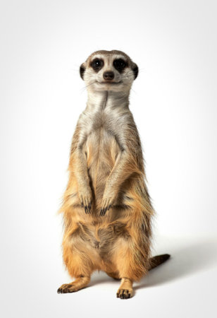 A single meerkat standing upright on its hind legs against a plain white background. The meerkat appears alert and curious, with its front paws together and eyes focused forward.の写真素材