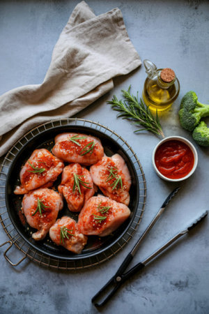 A close-up image of marinated chicken thighs in a black skillet, surrounded by fresh ingredients...
