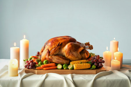 A beautifully roasted turkey is the centerpiece of this image, surrounded by an assortment of seasonal vegetables including corn, grapes, and Brussels sprouts. The table is adorned with lit candles, creating a warm and inviting atmosphere.の写真素材