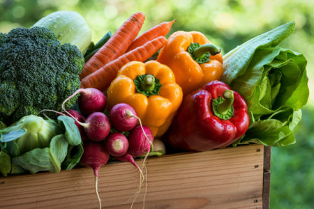 A wooden crate filled with an assortment of fresh vegetables, including broccoli, carrots, bell...