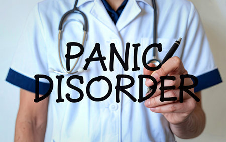 A healthcare professional in a white lab coat and stethoscope writes the words 'Panic Disorder' on a...