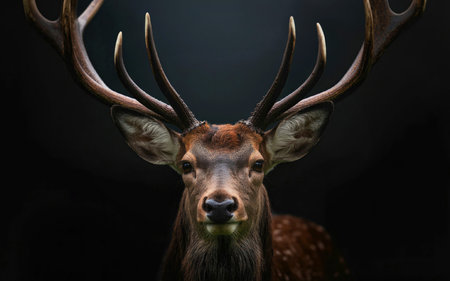A close-up portrait of a deer with large, impressive antlers against a dark background. The deer's...