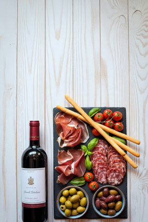 A beautifully arranged gourmet platter featuring an assortment of cured meats, breadsticks, fresh...
