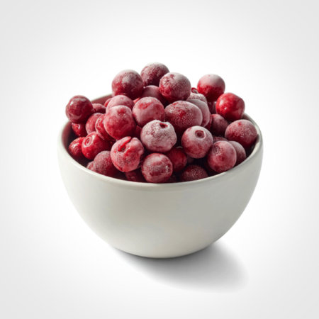 A bowl filled with vibrant red frozen cranberries, placed against a plain white background.の写真素材