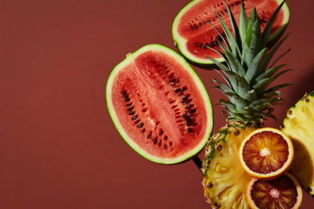 A vibrant image featuring slices of watermelon and pineapple arranged on a brown background. The watermelon slice reveals its juicy red interior with black seeds, while the pineapple slice showcases its yellow flesh with a central core.の写真素材