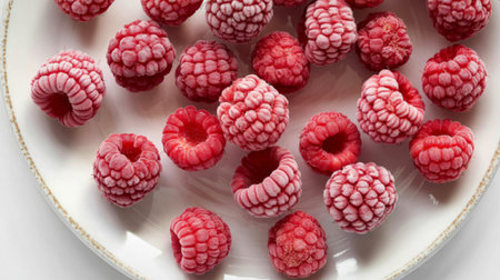 A close-up image of fresh raspberries scattered on a white plate, showcasing their vibrant red color...