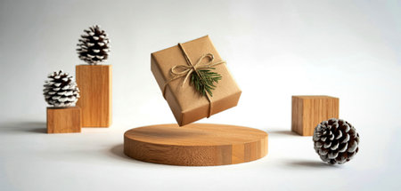 A beautifully wrapped gift box adorned with a pinecone and ribbon sits on a wooden stand, surrounded by pinecones and wooden blocks.の写真素材