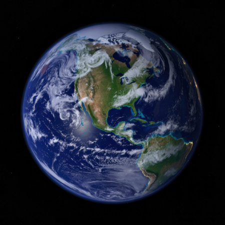 This image depicts a stunning view of Earth from space, showcasing the swirling patterns of clouds...