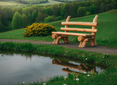 A wooden bench crafted from logs sits beside a tranquil pond, reflecting the surrounding greenery...