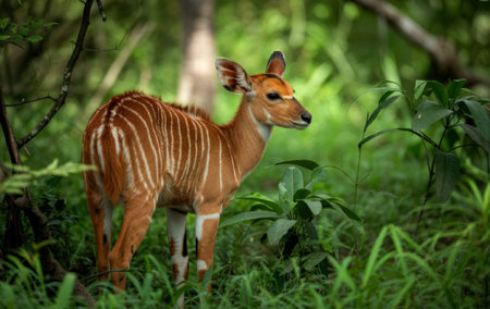 A young fawn stands amidst dense greenery in a lush forest, its striped coat blending with the...