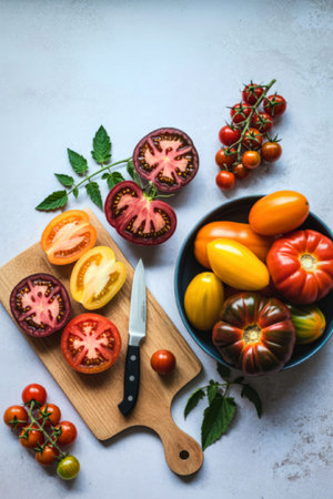 A vibrant assortment of heirloom tomatoes, both whole and sliced, displayed on a wooden cutting...