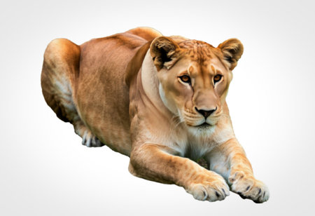 A lioness is captured in a relaxed pose, lying down with a calm and attentive expression. The image...