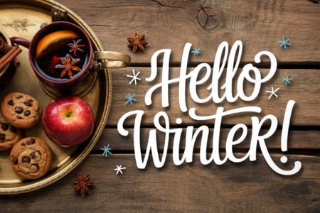 A rustic wooden table displays a mug of mulled wine with spices, cookies, and an apple, celebrating the arrival of winter with a cozy and inviting atmosphere.