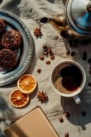 A flat lay image featuring a cup of coffee, chocolate chip cookies, dried orange slices, coffee...