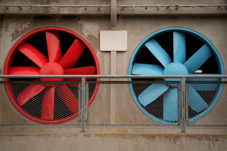 The image features two large industrial fans mounted on a concrete wall. The fan on the left is red,...