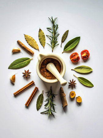 A circular arrangement of various spices and herbs surrounding a mortar and pestle. The image...