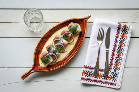 A beautifully presented dish of dumplings garnished with herbs and onions, served on an oval plate....