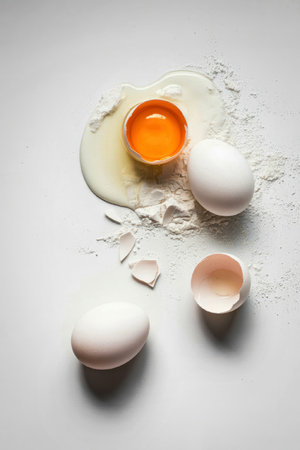 An image showcasing broken eggshells and a spilled yolk on a white surface, surrounded by flour and...