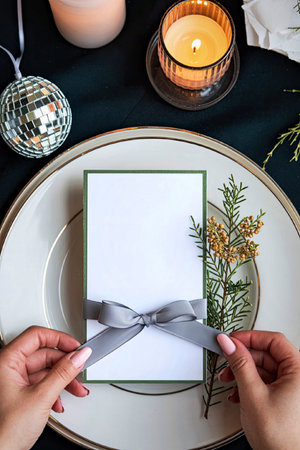 A beautifully arranged table setting featuring a white invitation card tied with a gray ribbon, placed on a white plate with a gold rim. The table is adorned with a lit candle, a disco ball ornament, and greenery with yellow flowers, creating a festive and sophisticated atmosphere.の写真素材