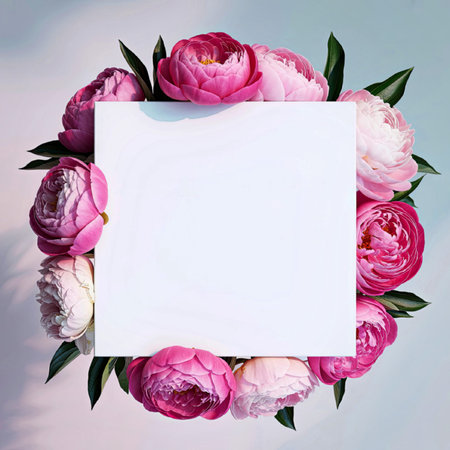 A square white frame is elegantly surrounded by a vibrant arrangement of pink peonies and green...