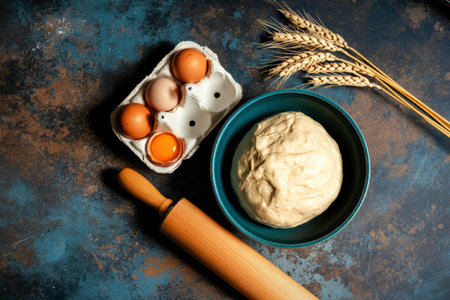 A collection of baking ingredients and tools arranged on a dark, textured surface. Includes a bowl...
