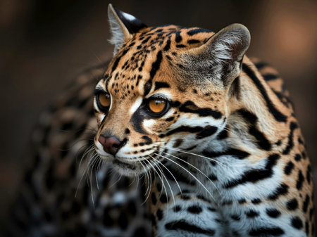 A detailed close-up of an ocelot's face, showcasing its striking features and patterns.
