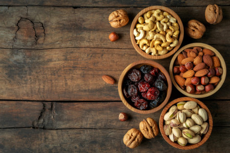 This image features a rustic wooden table with several wooden bowls containing a variety of nuts and...