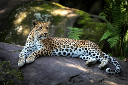 A leopard is seen lying comfortably on a rock in its natural habitat, surrounded by lush greenery...